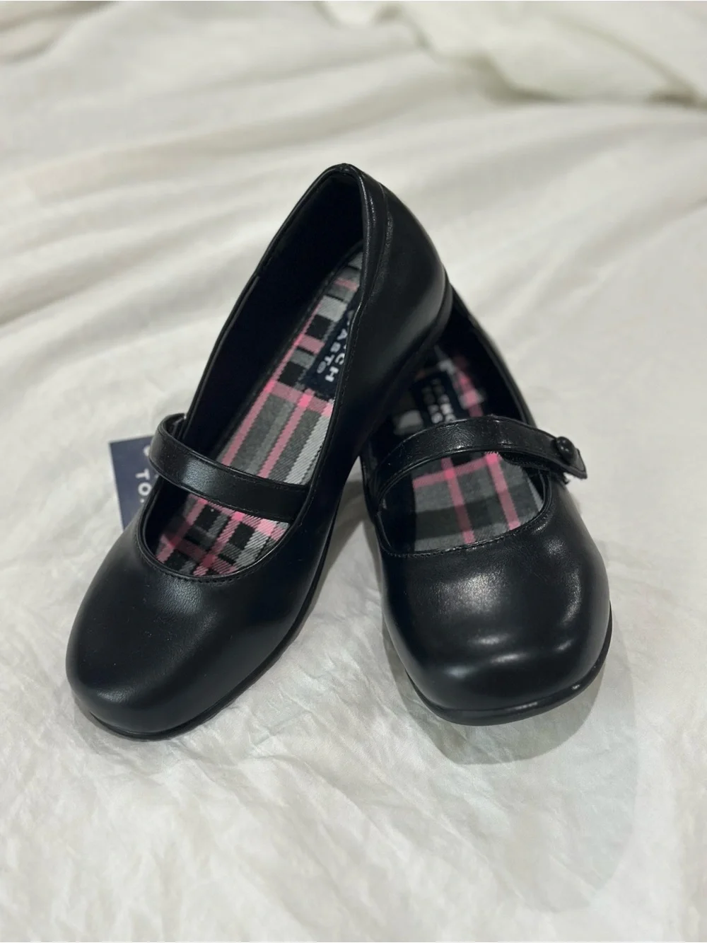 French Toast Black Mary Jane Shoes with Pink Plaid Insole